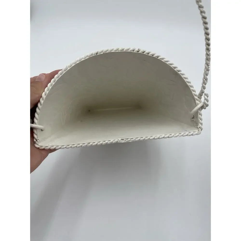 Vintage Style Wall Pocket Hanging Half Bucket Embossed Shabby White Flowers